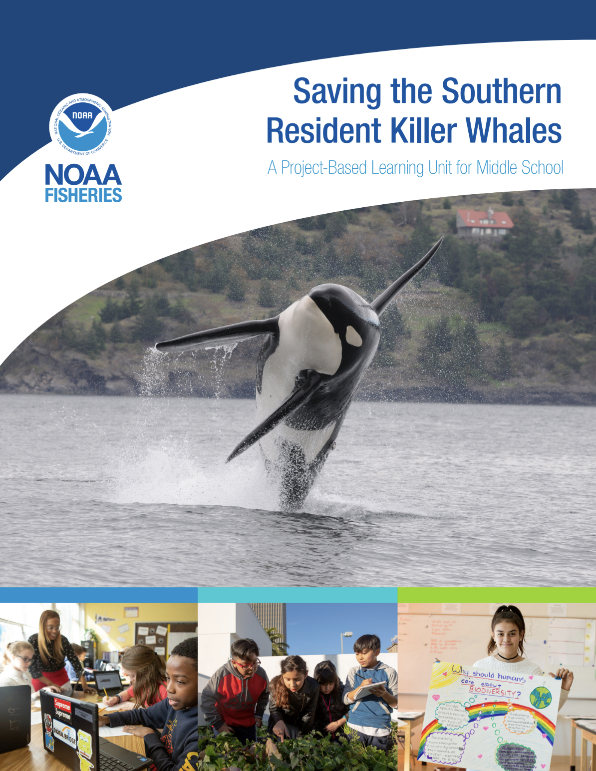 A large photo of a Southern Resident killer whale. Beneath the photo are three smaller photos of chilren engaged in hands-on learning